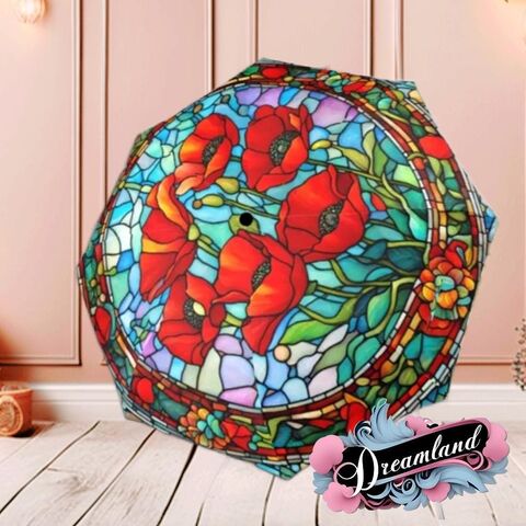 Umbrella,Red,Stained,Glass,Art,Nouveau,Poppies,Parasol,Semi-Automatic,Waterproof,Foldable,uv_umbrella,sun_umbrella,rain_umbrella,red_umbrella,stained_umbrella,glass_umbrella,unique_gift,unique_umbrella,flower_umbrella,red_parasol,gift_for_her,flower_parasol,waterproof_parasol