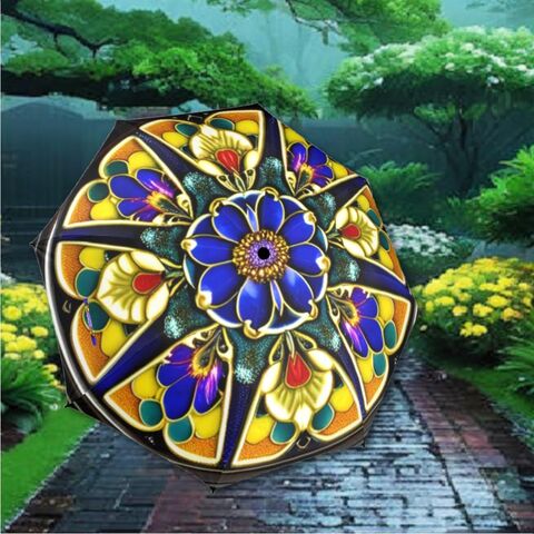 Asian,Umbrella,Stained,Glass,Art,Nouveau,Blue,Flowers,Tile,Pattern,Parasol,Semi-Automatic,Waterproof,Foldable,uv_umbrella,sun_umbrella,rain_umbrella,waterproof_umbrella,asian_umbrella,japanese_umbrella,stained_umbrella,flower_umbrella,art_nouveau_umbrella,blue_parasol,gift_for_her,travel_umbrella,pocket_umbrella