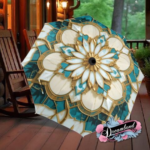 Boho,Teal,Gold,Umbrella,Art,Nouveau,Printed,Mandella,Parasol,Semi-Automatic,Waterproof,Foldable,rain_umbrella,sun_umbrella,uv_umbrella,blue_umbrella,stained_umbrella,travel_umbrella,unique_umbrella,gift_for_her,cute_umbrella,flower_umbrella,sun_parasol,teal_umbrella,boho_umbrella
