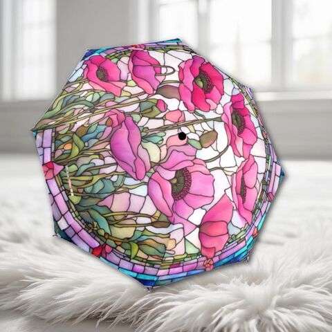 Floral,Pink,Poppy,Romantic,Umbrella,Victorian,Inspired,Faux,Stained,Glass,Flower,Parasol,Semi-Automatic,Waterproof,Foldable,pink_umbrella,rain_umbrella,unique_umbrella,uv_umbrella,sun_umbrella,victorian_umbrella,unique_gift,flower_umbrella,boho_umbrella,cute_umbrella,gift_for_her,stained_umbrella