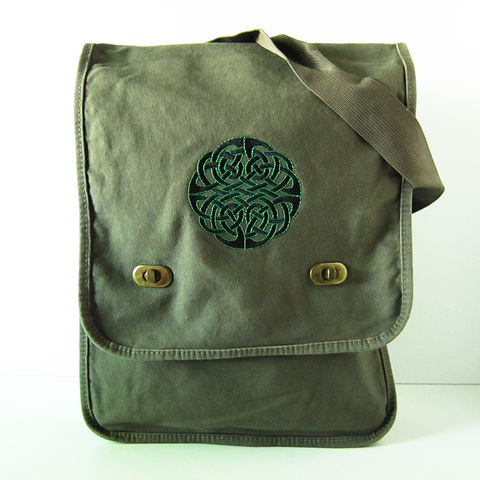 Celtic,Knot,Vertical,Messenger,Bag,Green,Cotton,Canvas,Black,Design,Celtic Knot Messenger Bag, Celtic Knotwork Vertical Messenger Bag, Cotton Canvas Field Bag, Celtic Embroidered Carry All