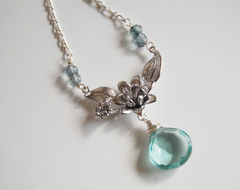 Sage Green Quartz and Mystic teal blue quartz flower pendant Necklace - product images 2 of 5