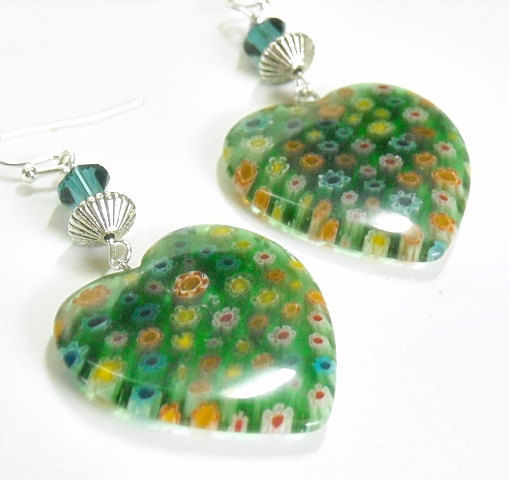 Heart Earrings - Vintage Mint Green Millefori Glass Heart Dangle Earrings - Heart Jewelry - Mothers Day - Floral - Hippie - product images  of 