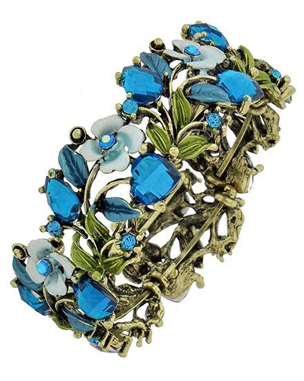 Vintage 1970s Hinged Cuff Bracelet, Wide Floral Rhinestone Cuff, Roses, Leaves, Crystal Cuff, Blue, Boho, Bridal, Flowers, Mothers Day - product images  of 