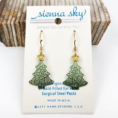 Sienna Sky Earrings - Filigree Green Christmas Tree with Yellow Star - product images 1 of 4