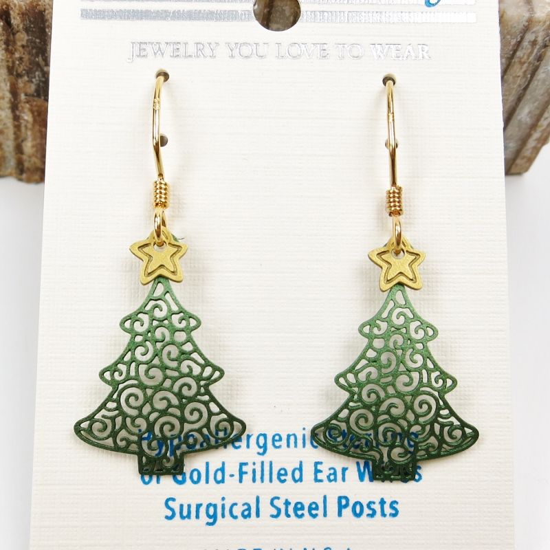 Sienna Sky Earrings - Filigree Green Christmas Tree with Yellow Star - product image 