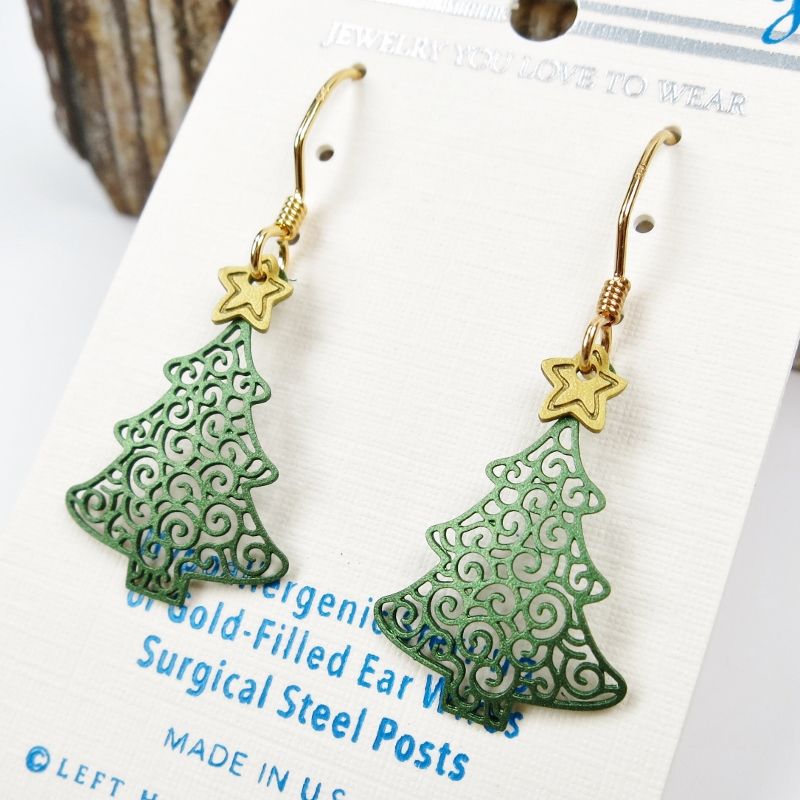Sienna Sky Earrings - Filigree Green Christmas Tree with Yellow Star - product image 