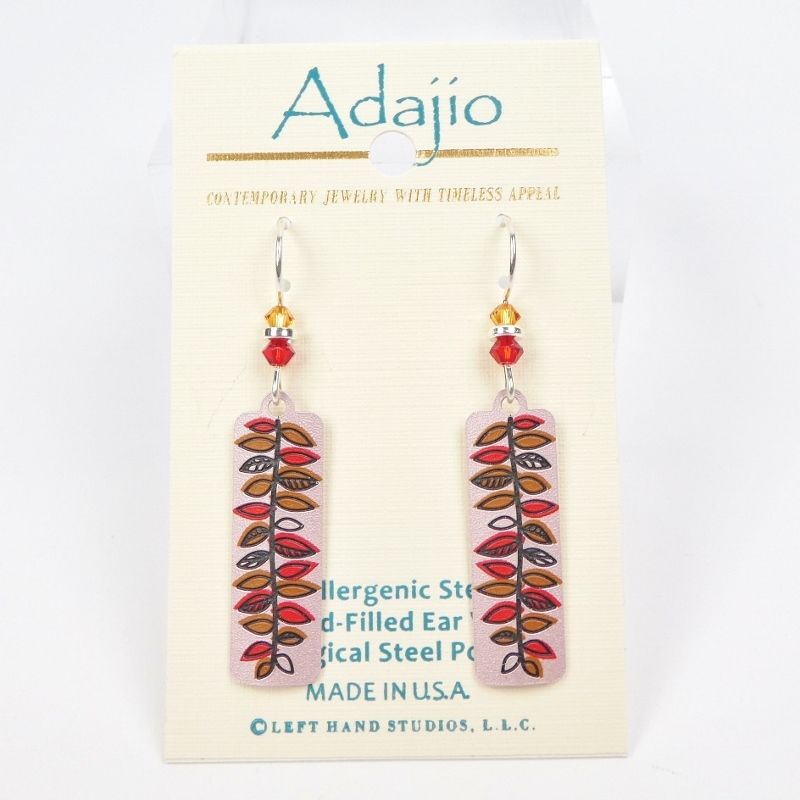 Adajio Earrings - Warm Silver Column with Red and Tan Fern Leaf - product image 