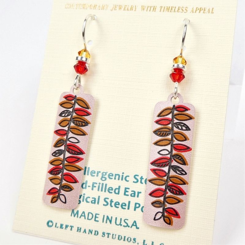Adajio Earrings - Warm Silver Column with Red and Tan Fern Leaf - product image 