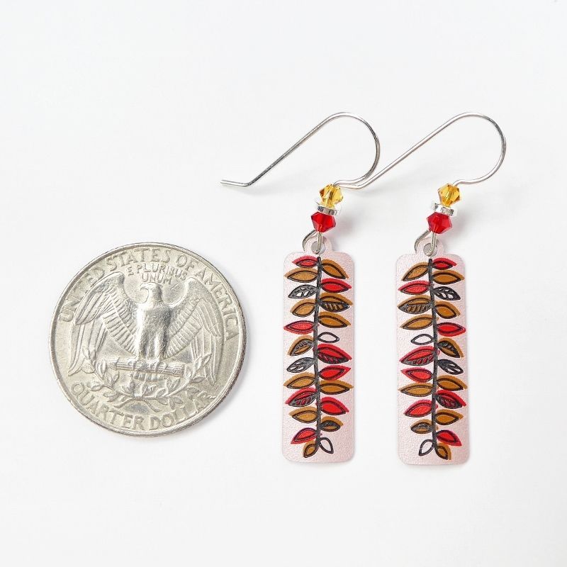 Adajio Earrings - Warm Silver Column with Red and Tan Fern Leaf - product image 