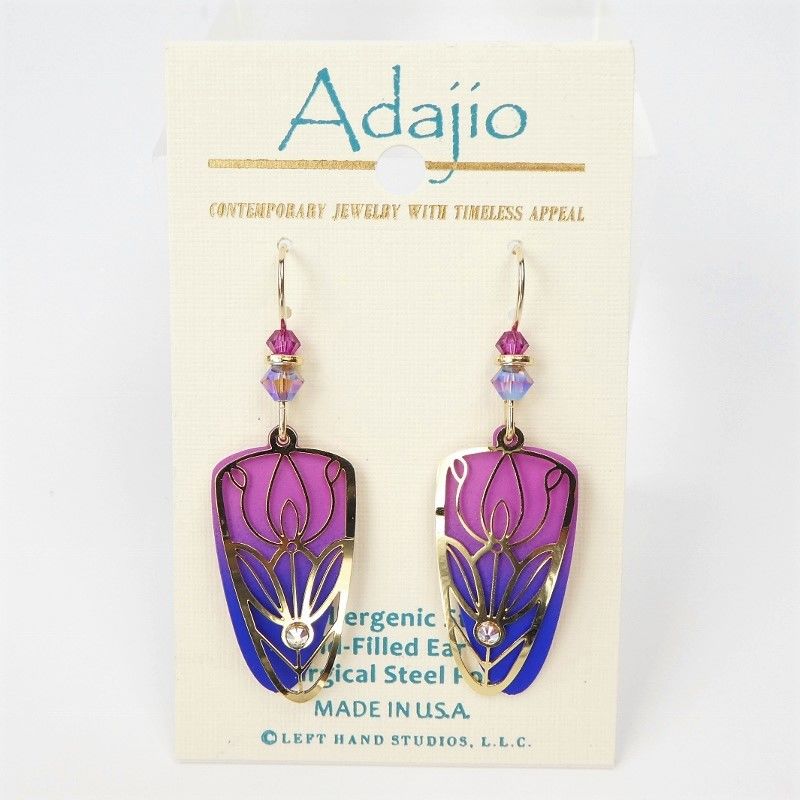 Adajio Earrings - Pink and Blue Trowel Shape with Shiny Gold Plated Tulip Floral Overlay - product image 
