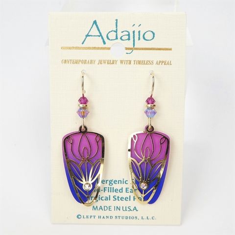Adajio,Earrings,-,Pink,and,Blue,Trowel,Shape,with,Shiny,Gold,Plated,Tulip,Floral,Overlay,Adajio 7961, Adajio Earrings, Adajio earrings Sienna Sky, Etched Brass Earrings, Artisan Handmade