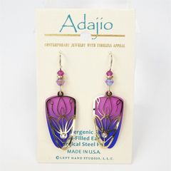 Adajio Earrings - Pink and Blue Trowel Shape with Shiny Gold Plated Tulip Floral Overlay - product images 1 of 4