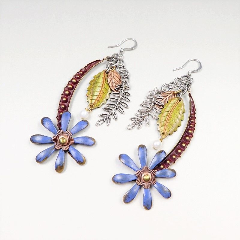 Mullanium Earrings - Large Blue Flower and Leaves - product image 