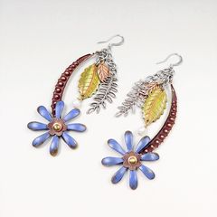Mullanium Earrings - Large Blue Flower and Leaves - product images 3 of 6