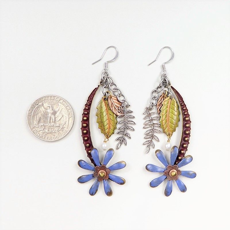 Mullanium Earrings - Large Blue Flower and Leaves - product image 