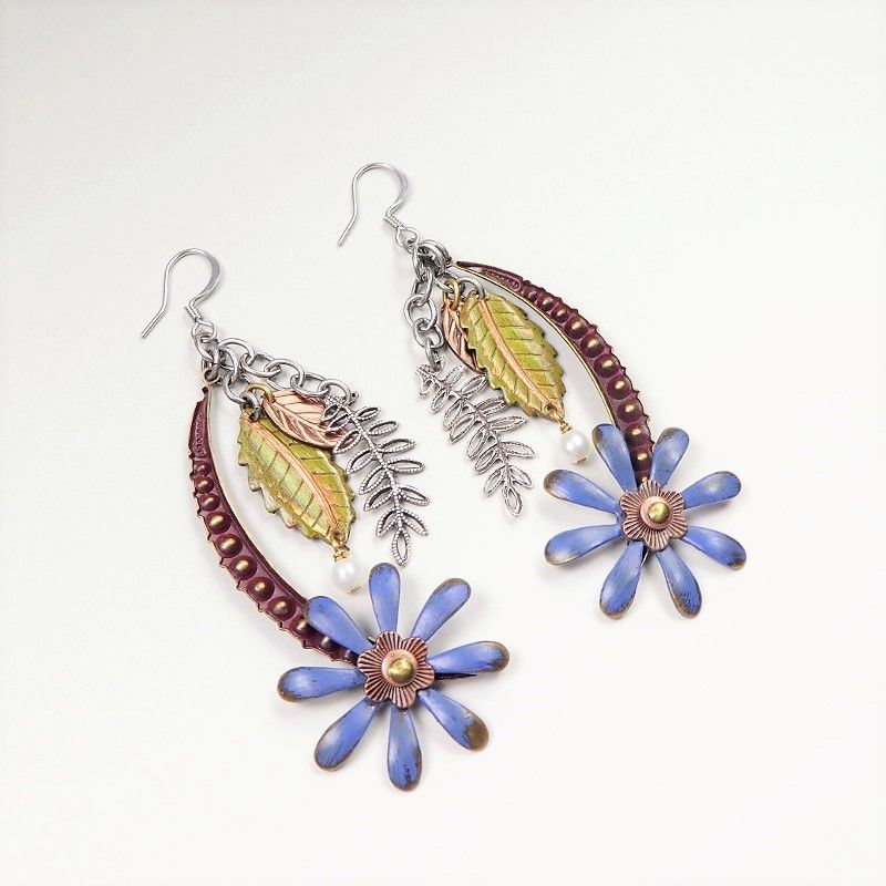 Mullanium Earrings - Large Blue Flower and Leaves - product image 