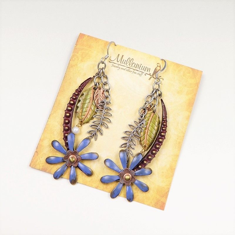Mullanium Earrings - Large Blue Flower and Leaves - product image 