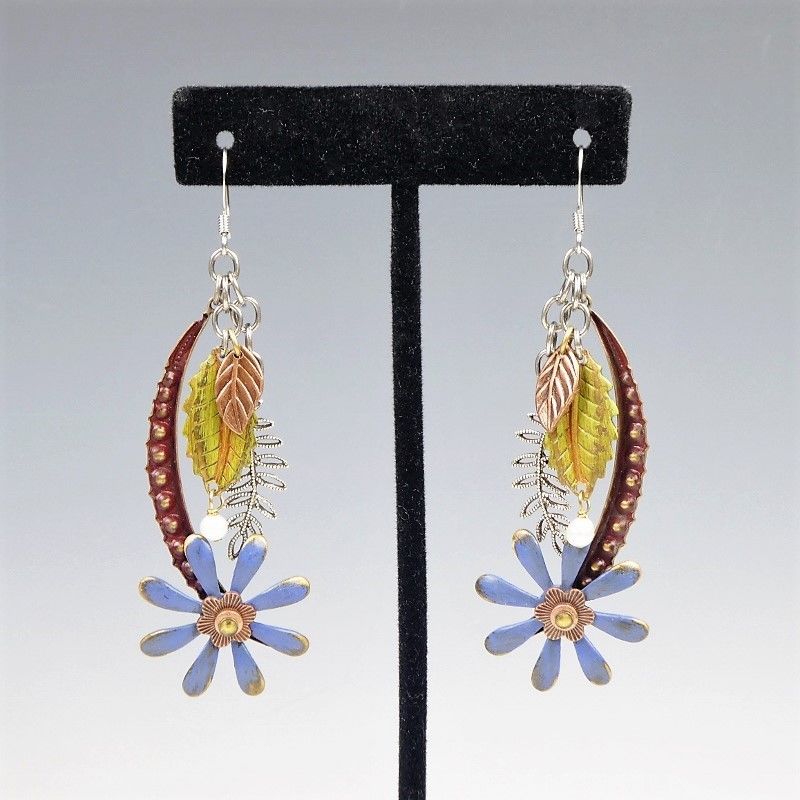 Mullanium Earrings - Large Blue Flower and Leaves - product image 