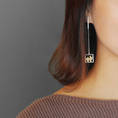 Two,Cactus,in,Square,Frame,Long,Drop,Earrings,Two Cactus in Square Frame Long Drop Earrings, sterling silver cactus earrings, nature earrings