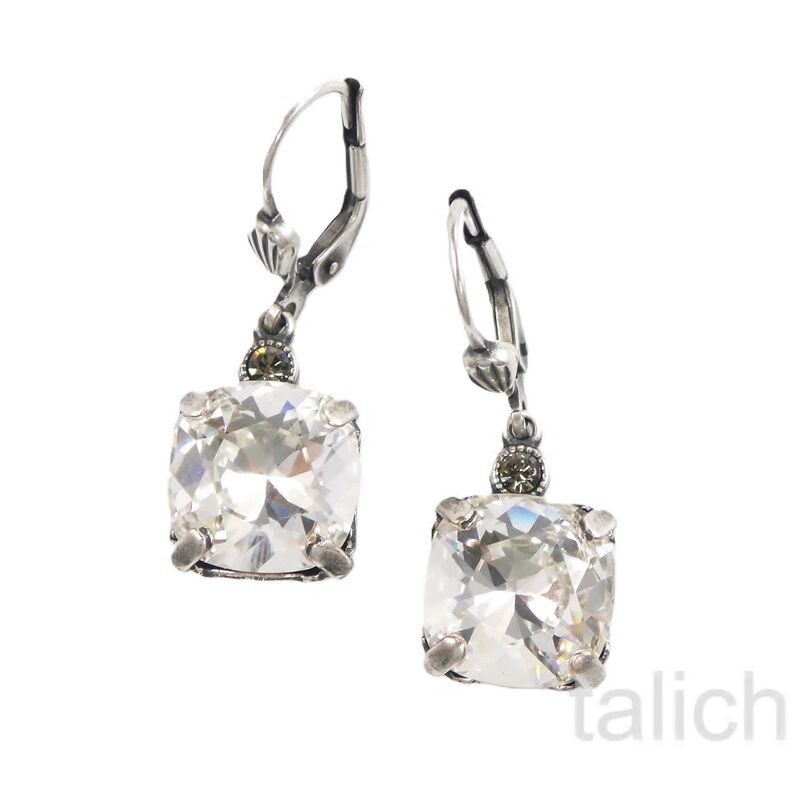 Catherine Popesco Antique Silver Square Swarovski Crystals Drop Earrings in Clear - product image 