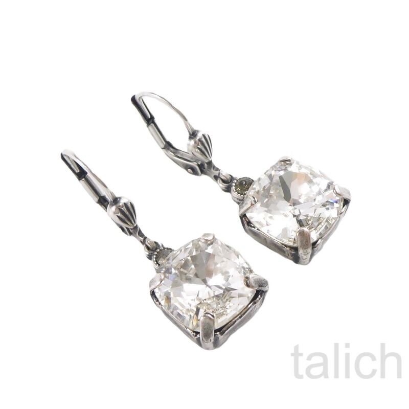 Catherine Popesco Antique Silver Square Swarovski Crystals Drop Earrings in Clear - product image 
