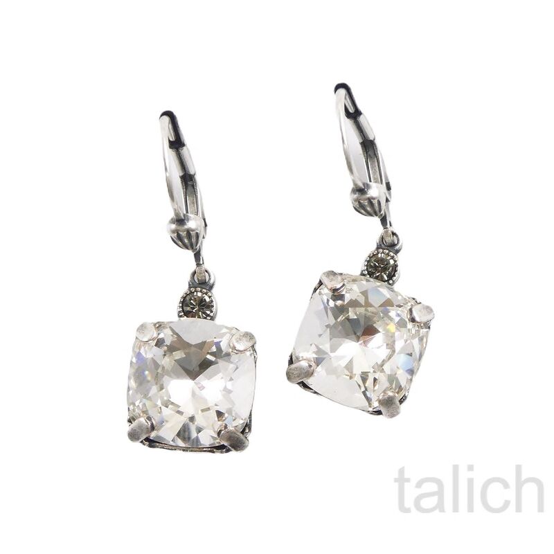 Catherine Popesco Antique Silver Square Swarovski Crystals Drop Earrings in Clear - product image 