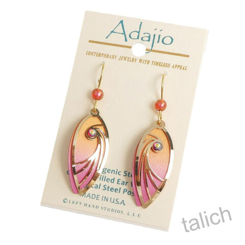 Adajio,Earrings,-,Brown,and,Pink,Teardrop,with,Shiny,Gold,Tone,Swirl,Overlay,Bead,Adajio Earrings, Adajio earrings Sienna Sky, Etched Brass Earrings, Artisan Handmade