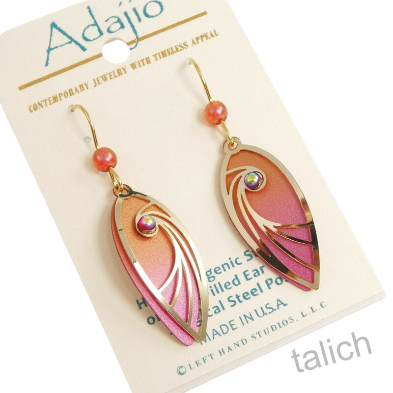 Adajio Earrings - Brown and Pink Teardrop with Shiny Gold Tone Swirl Overlay and Bead - product image 