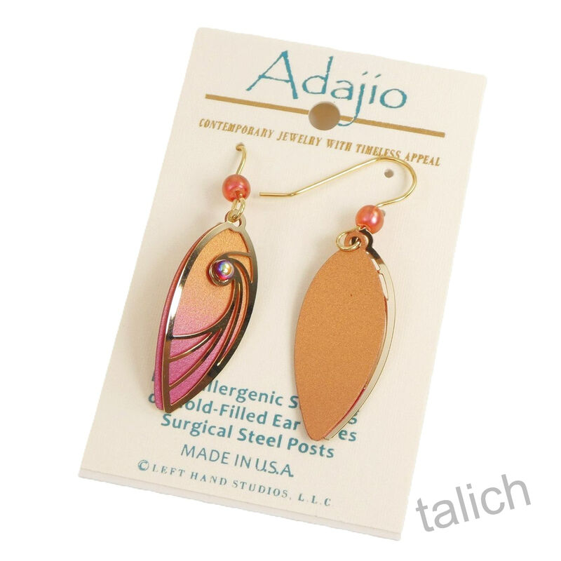 Adajio Earrings - Brown and Pink Teardrop with Shiny Gold Tone Swirl Overlay and Bead - product image 