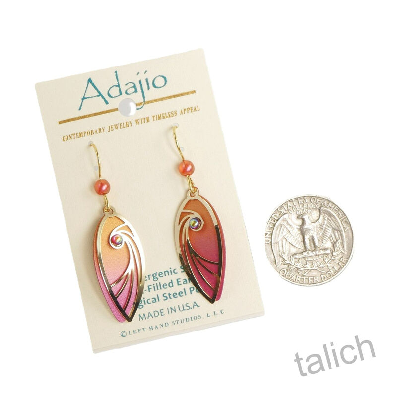 Adajio Earrings - Brown and Pink Teardrop with Shiny Gold Tone Swirl Overlay and Bead - product image 