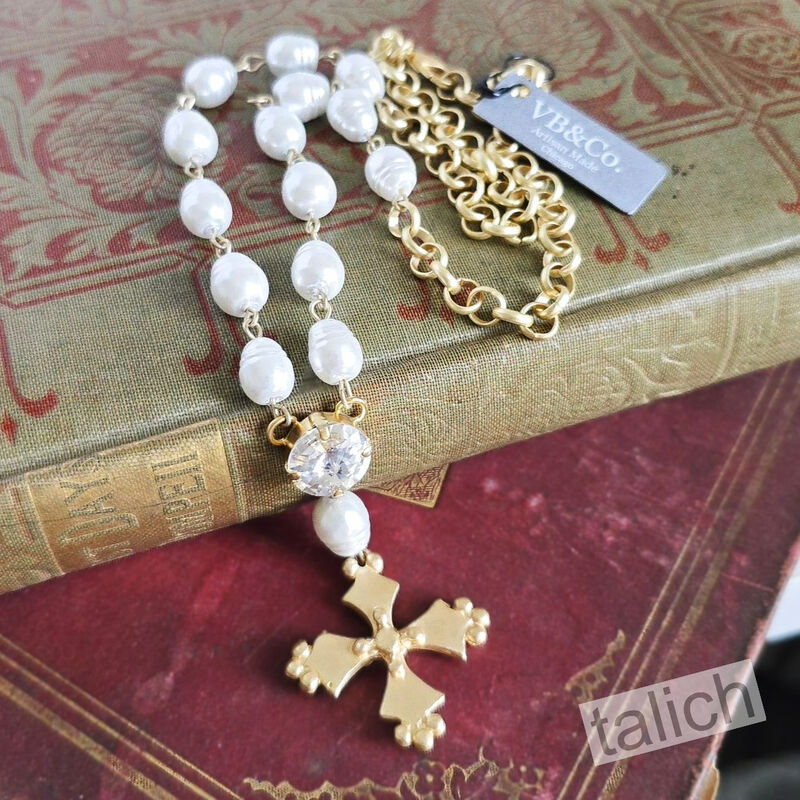 Designer VB&amp;CO French Vintage Cross Pearl Matte Gold Necklace - product image 