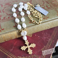 Designer VB&CO French Vintage Cross Pearl Matte Gold Necklace - product images 5 of 8