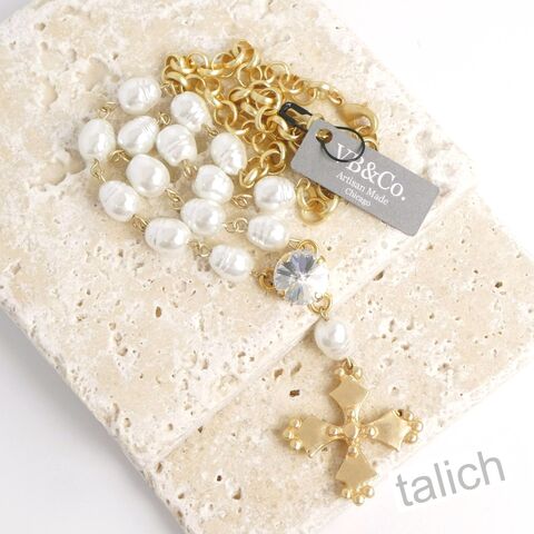 Designer,VB&CO,French,Vintage,Cross,Pearl,Matte,Gold,Necklace,VB&CO French Vintage Cross Pearl Matte Gold Necklace, VB&CO jewelry