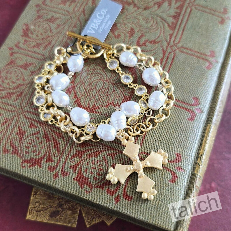 Designer VB&amp;CO French Vintage Cross Pearl Triple Stacked Bracelet - product image 