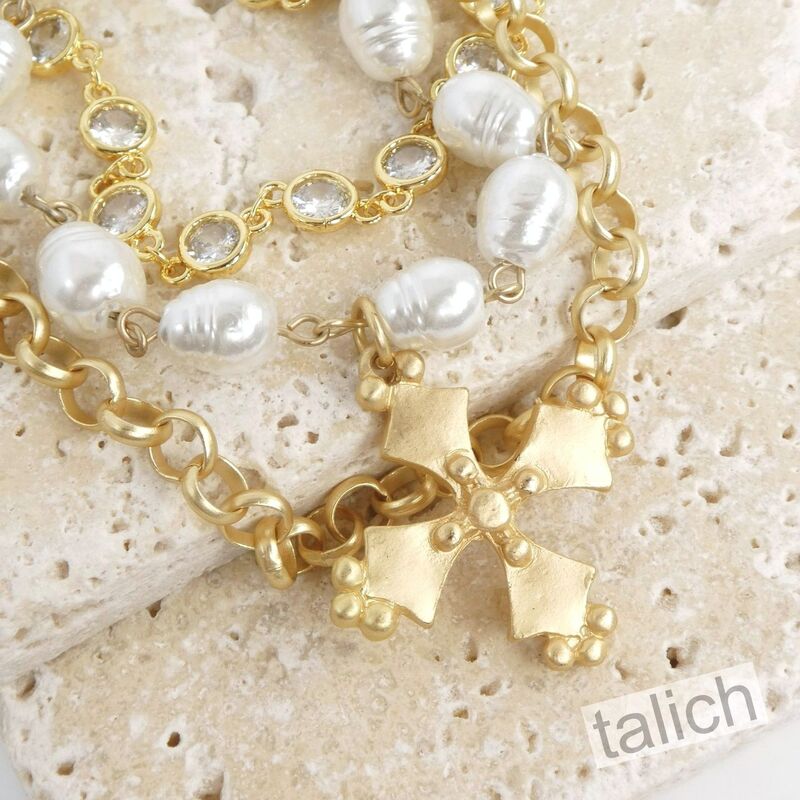 Designer VB&amp;CO French Vintage Cross Pearl Triple Stacked Bracelet - product image 