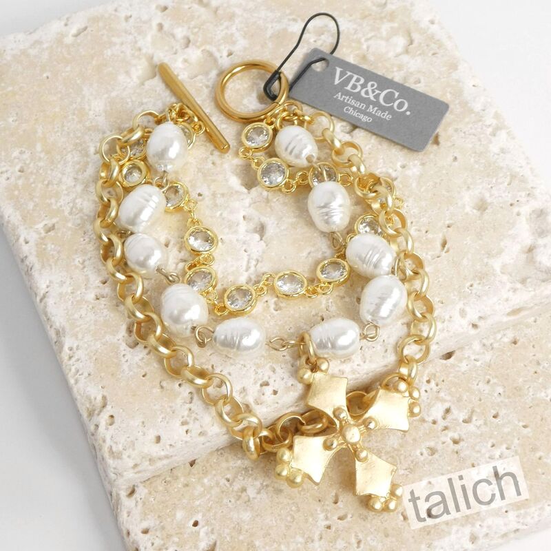 Designer VB&amp;CO French Vintage Cross Pearl Triple Stacked Bracelet - product image 