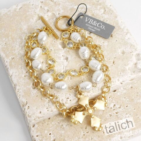 Designer,VB&CO,French,Vintage,Cross,Pearl,Triple,Stacked,Bracelet,VB&CO French Vintage Cross Pearl Triple Stacked Bracelet, VB&CO jewelry