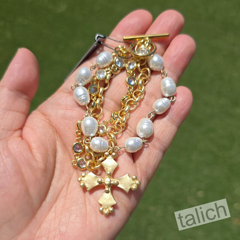 Designer VB&amp;CO French Vintage Cross Pearl Triple Stacked Bracelet - product image 