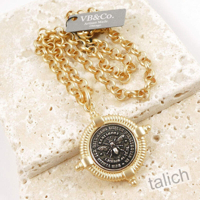 VB&amp;CO Vintage Style Black Bee Coin Matte Gold Necklace - product image 