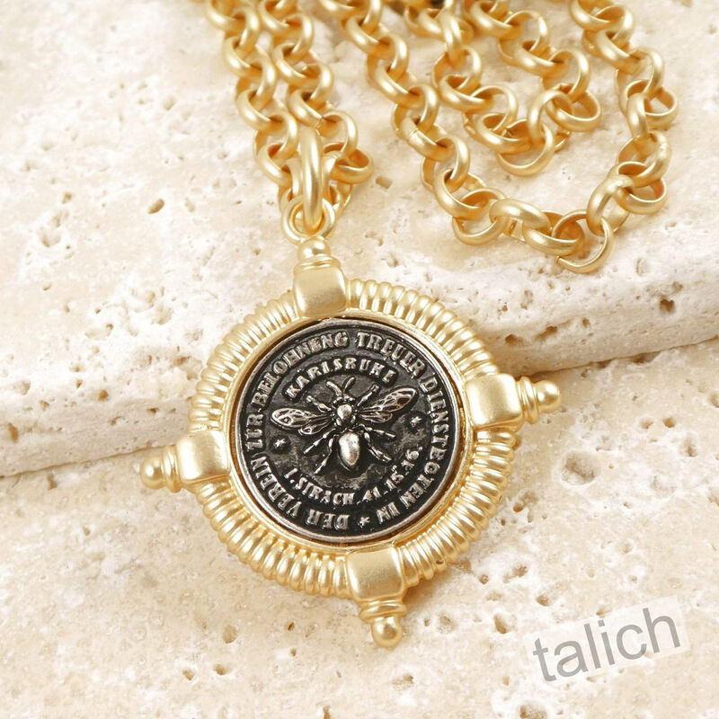 VB&amp;CO Vintage Style Black Bee Coin Matte Gold Necklace - product image 