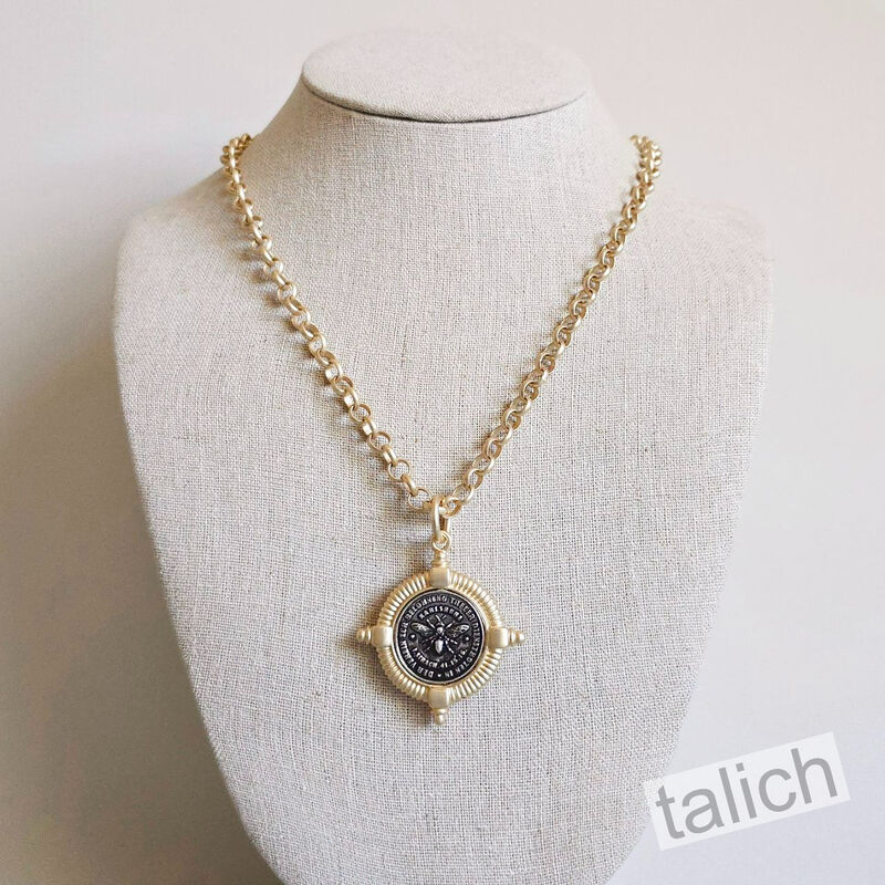 VB&amp;CO Vintage Style Black Bee Coin Matte Gold Necklace - product image 