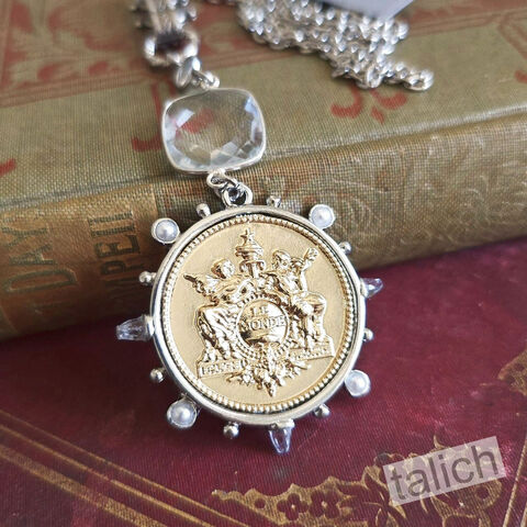 Designer,VB&CO,Large,Gold,French,Medallion,Pendant,Long,Necklace,Designer VB&CO Large Gold French Medallion Pendant Long Necklace, VB&CO jewelry,  vintage medallion necklace