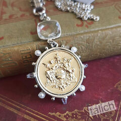 Designer VB&CO Large Gold French Medallion Pendant Long Necklace - product images 1 of 10