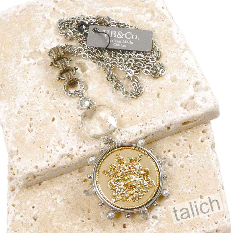 Designer VB&amp;CO Large Gold French Medallion Pendant Long Necklace - product image 