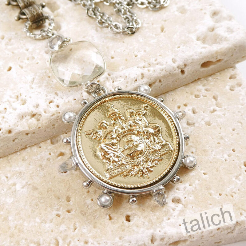 Designer VB&amp;CO Large Gold French Medallion Pendant Long Necklace - product image 