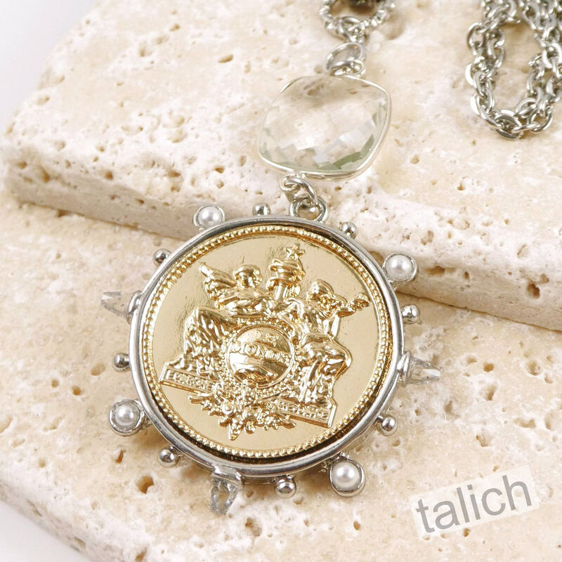 Designer VB&amp;CO Large Gold French Medallion Pendant Long Necklace - product image 