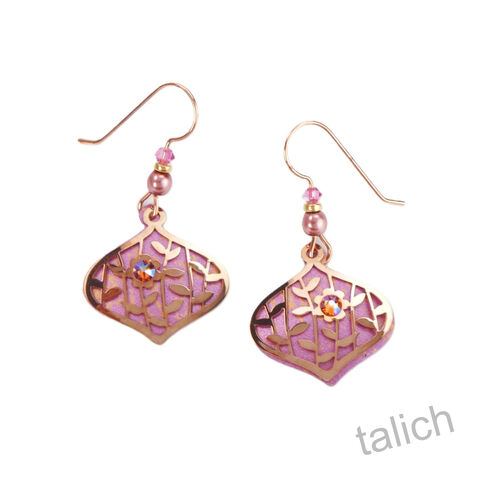 Adajio,Earrings,-,Pink,Deco,Teardrop,with,Shiny,Rose,Gold,Tone,Leaves,and,Flowers,Adajio 7934, Adajio Earrings, Adajio earrings Sienna Sky, Etched Brass Earrings, Artisan Handmade