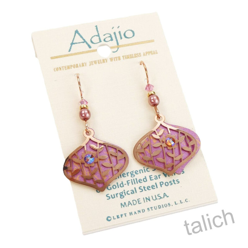 Adajio Earrings - Pink Deco Teardrop with Shiny Rose Gold Tone Leaves and Flowers - product image 