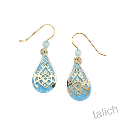 Adajio,Earrings,-,Blue,Teardrop,with,Shiny,Gold,Plated,Overlay,Adajio 7953, Adajio Earrings, Adajio earrings Sienna Sky, Etched Brass Earrings, Artisan Handmade